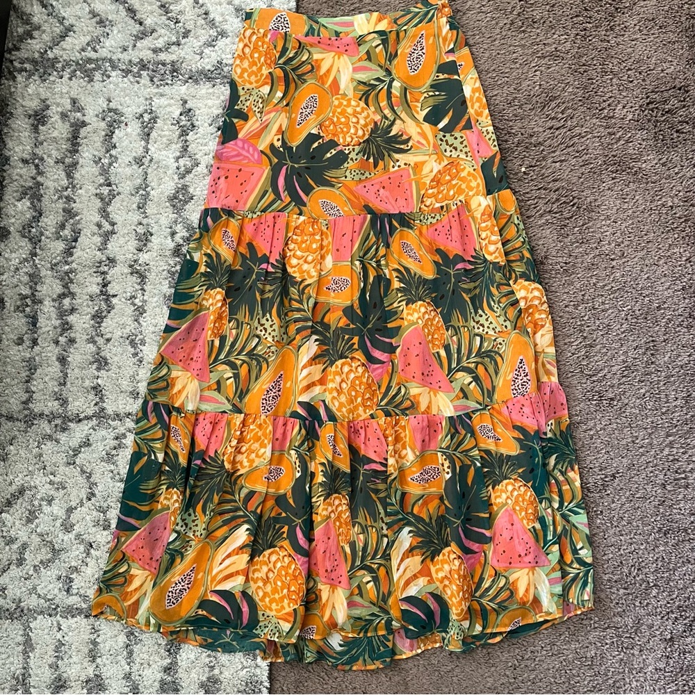 Daniel Rainn Maxi Skirt Tropical Fruit Print Flowy Tiered Beachy Elastic Waist